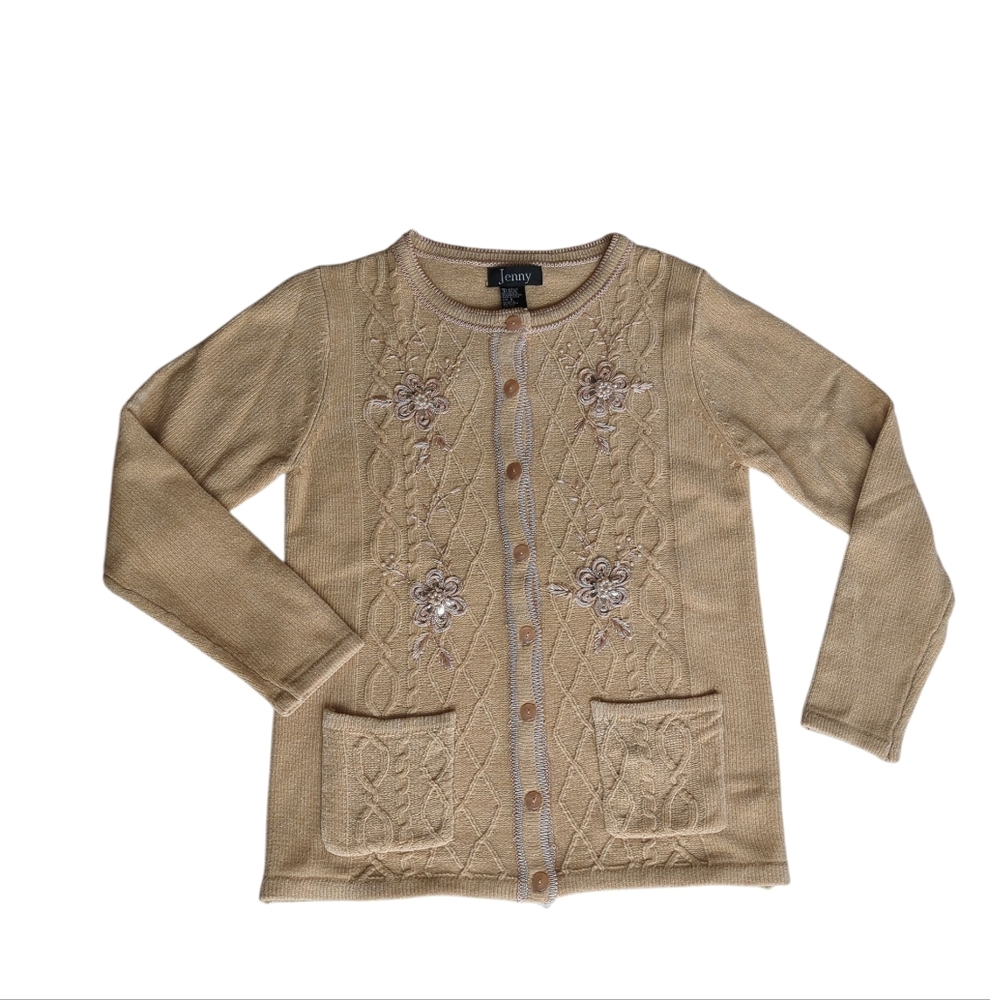 NWT Vintage Jenny Embellished Floral Button Down Grandma Sweater SMALL Tan